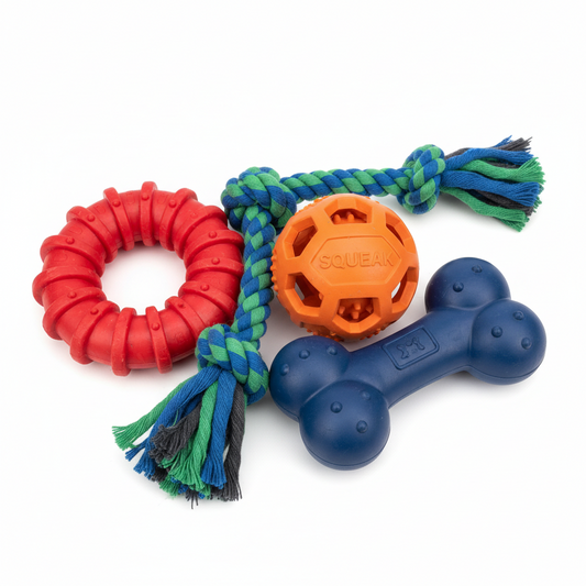 Indestructible Squeaky Dog Toy Bundle — 4 Toys, Heavy Chewers